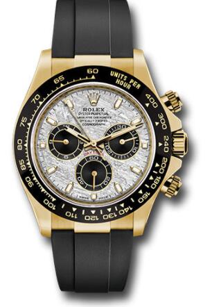 Replica Rolex Rolex Yellow Gold Cosmograph Daytona 40 Watch 116518LN Meteorite and Black Index Dial - Black Oysterflex Strap - Click Image to Close